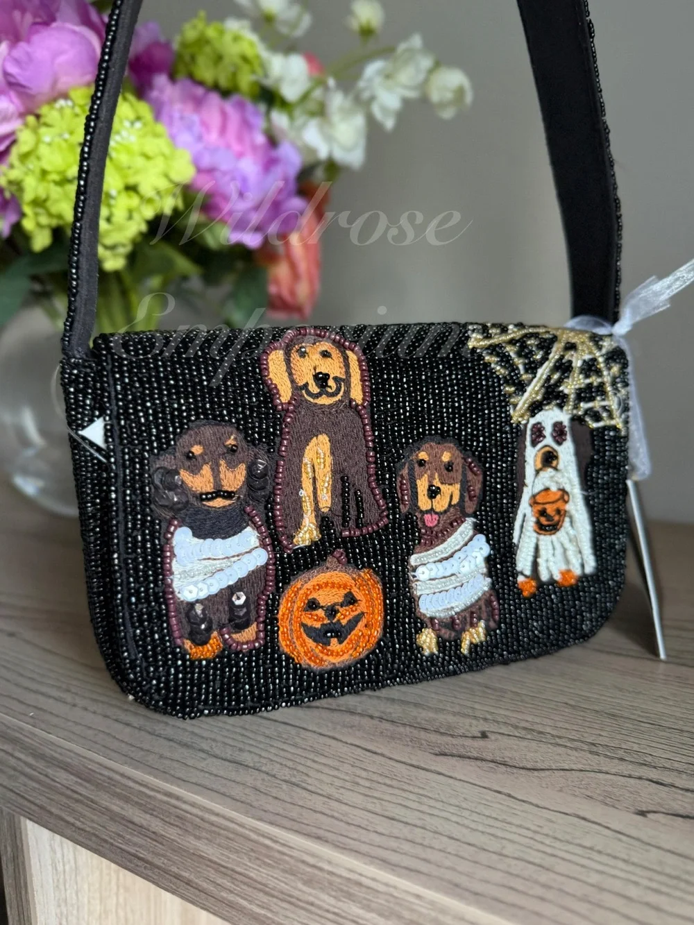 Made in India Halloween Daschund ghost web puppy Costume Beaded Shoulder Bag